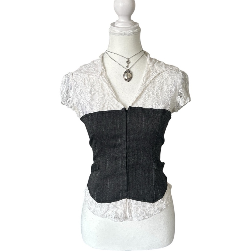 Y2K “Digital Clothing” White and Grey Lace Trim Pinstripe Layered Blouse